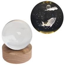LED koule sklo na dřevěném podstavci s podsvícením a rybou.