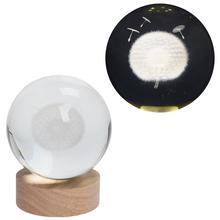 LED koule sklo na dřevěném podstavci s podsvícením pampeliška.