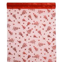 Červená lesklá organza s vánočními motivy.