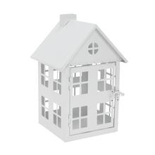 Bílý kovový lampáš ve tvaru domečku.