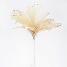 Květinový aranžérský materiál s peřím v krémové barvě.