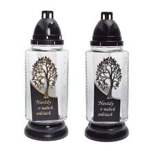 Hrobové svíčky v čirém skle s motivem stromu.