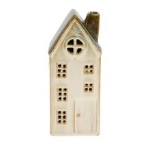 Keramický domek s LED osvětlením, bílé a hnědé barvy.