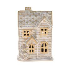 Porcelánový domek s LED osvětlením, bílé a hnědé barvy.