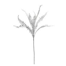 Stříbrná větev kapradiny s metalickým povrchem.