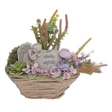 Smuteční vazba s andílkem a květinami.