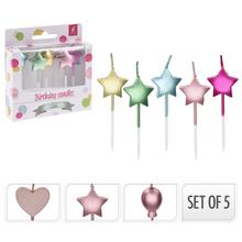 Sada 5 modrých svíček na dort ve tvaru hvězd.