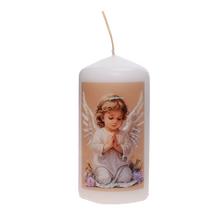 Svíčka s andělem, válcová, bílá, dekorativní.